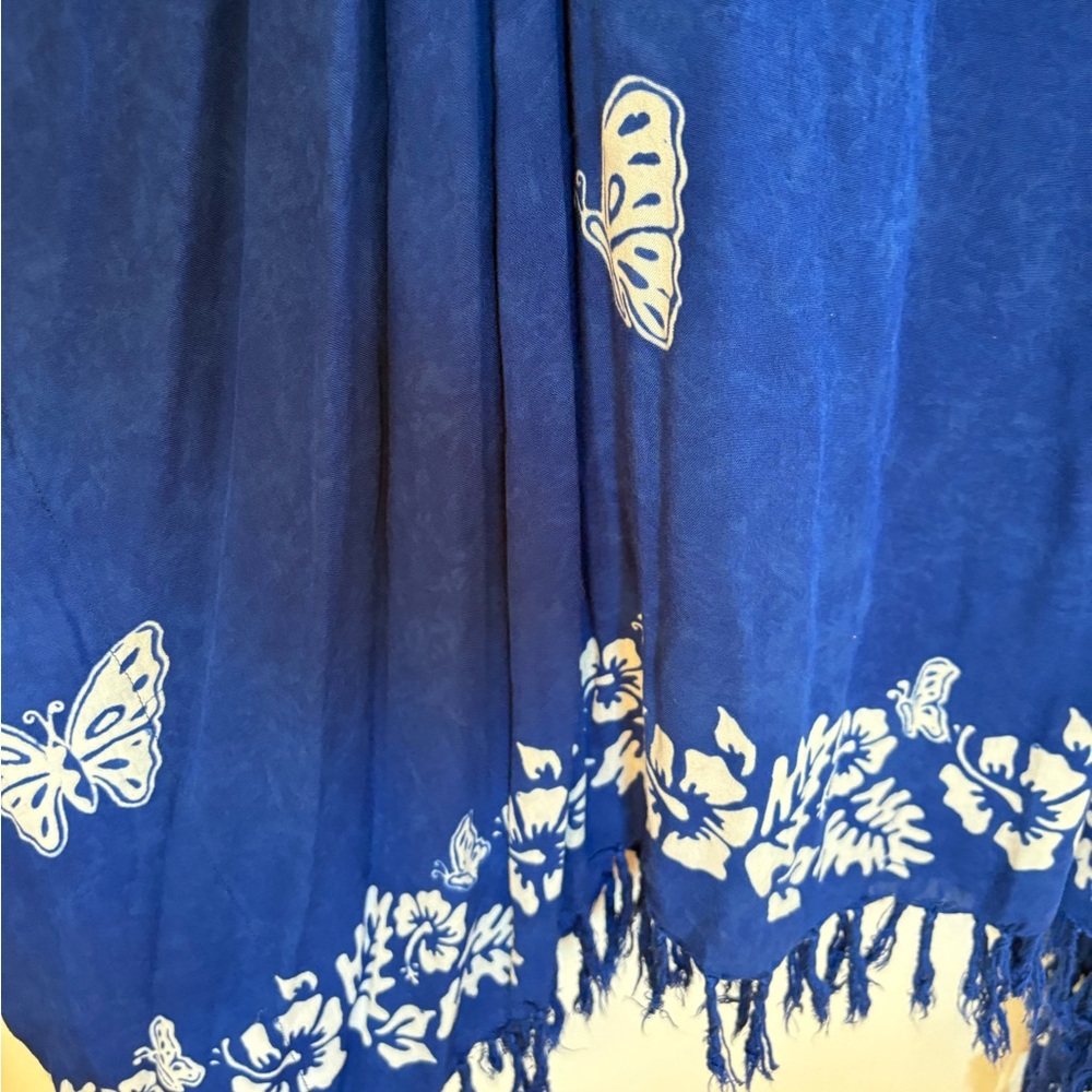 Pineapple Moon Blue Butterfly Bhatik Cold-Shoulder Hawaiian Midi Dress OS - Picture 2 of 4